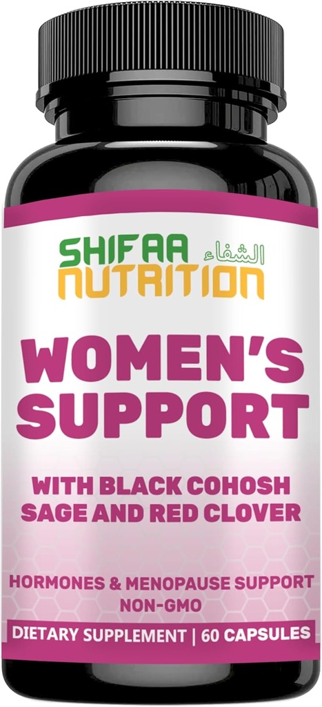 SHIFAA NUTRITION Hormonen Balance & Menopauze Supplementen voor vrouwen, Menopauze Relief - Ondersteuning voor Hot Flashes, Mood Swings w/Black Cohosh & Red Clover Halal Vitaminen, 30 Servers