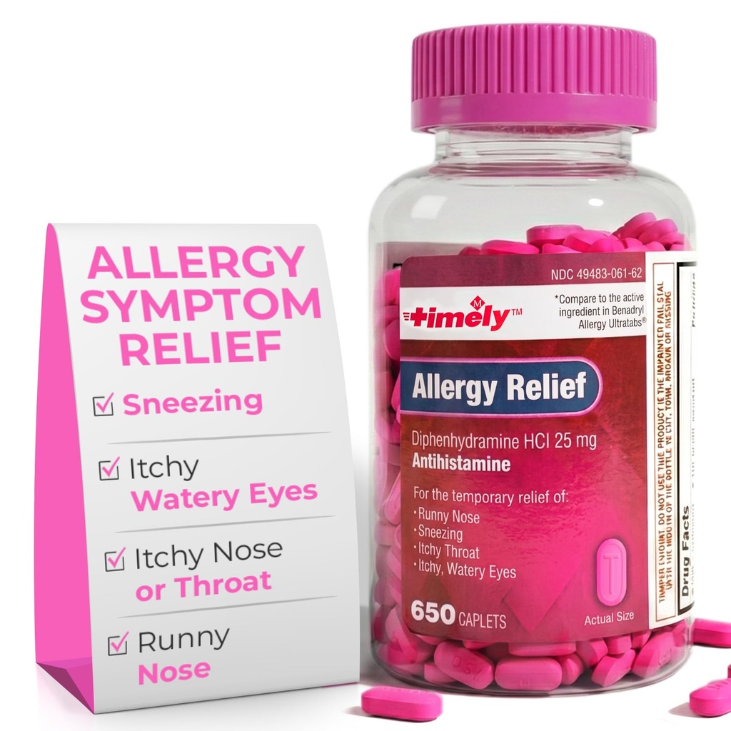 Tijdige Allergie Relief Difenhydramine HCl 25 mg - 650 Caplets - Vergeleken met Benadryl Allergie Ultratab - Antihistamine - Allergie Medicatie - Runny Neus Relief voor volwassenen - Waterige Ogen Behandeling