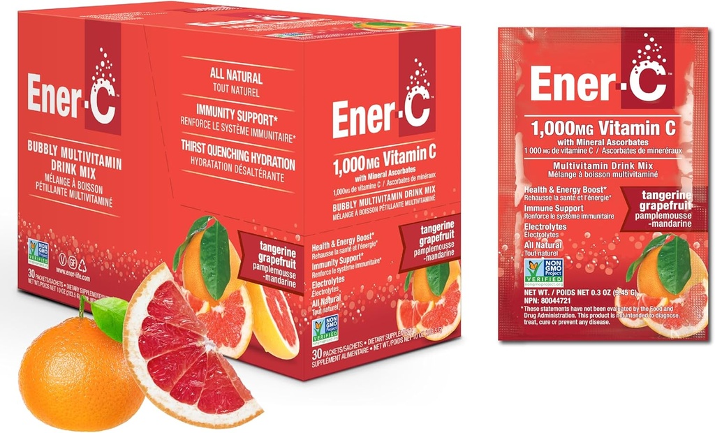 Ener-C Tangerine & Grapefruit Multivitamine Drink Mix, 1000mg Vitamine C, Non-GMO, Vegan, Real Fruit Juice Powders, Natural Immunity Support, Elektrolyten, Glutenvrij, 1-pack van 30