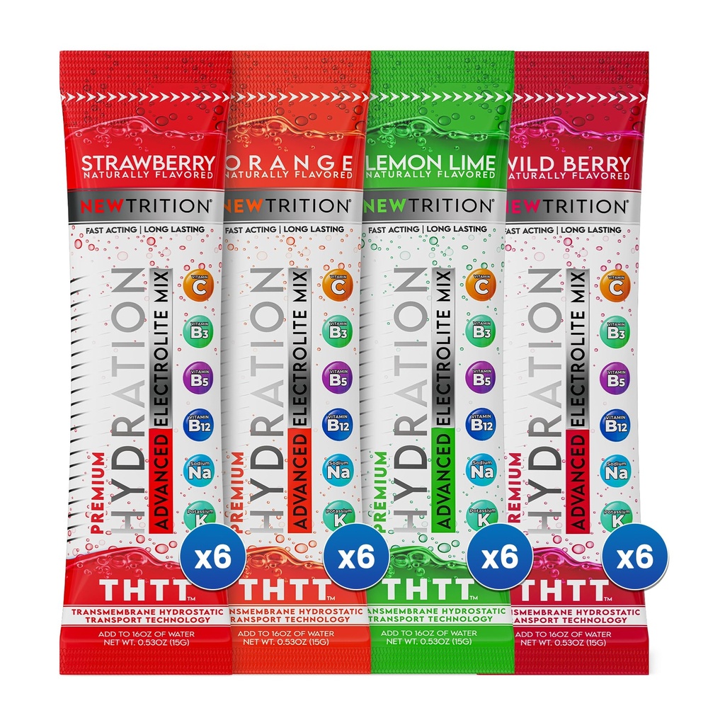 Hydration Powder, 4 smaken, Pack van 24 Electrolyte Powder Packets, Natuurlijk Flavored Hydrating Packets voor Water, Snel werkende Hydrate Elektrolyten met Vitaminen B&C, Energie & Recovery