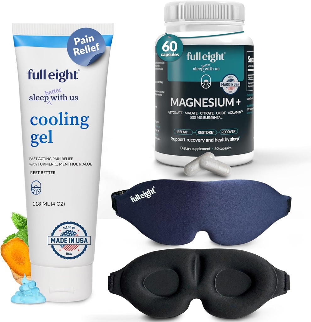 Slaap & Comfort: Magnesium + 500 MG voor diepe slaap 60 Caps, snelwerkende koelgel Rub voor rustgevende comfort 4 oz & 3D licht blokkeren slaapmasker één maat