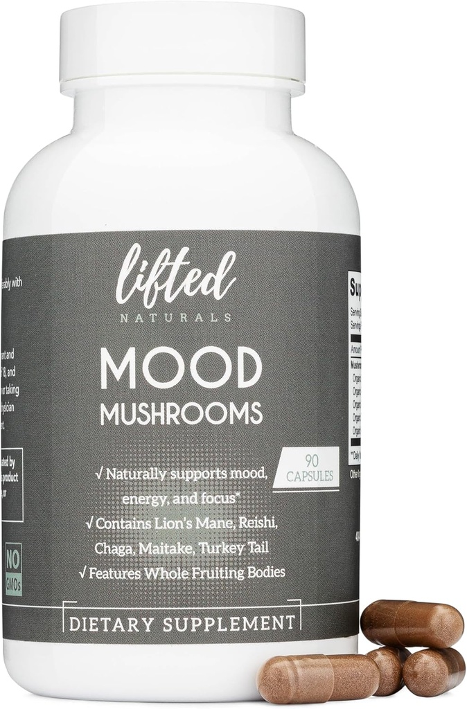 Mood Mushrooms - Lifted Mushroom Supplement - Lion's Mane, Reishi, Chaga, Turkey Tail, Maitake - Energy, Focus, Stress Relief
