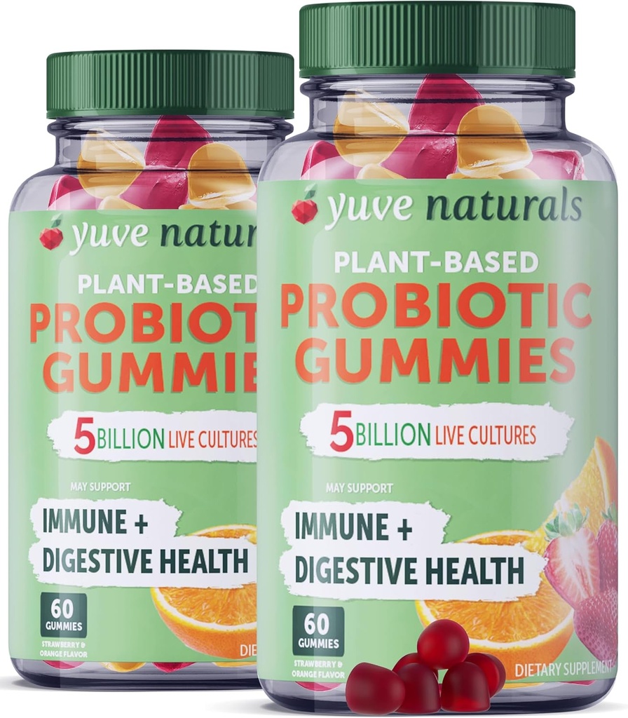 Yuve Vegan Probiotic Gummies, Probiotics for Women & Men, Sugar & Gluten-Free Gummy Probiotics, Digestief & Immuun Support, 5 Miljard CFU, helpt bij constipatie, opgeblazen gevoel & lekken Gut - 60ct (2 Pack)