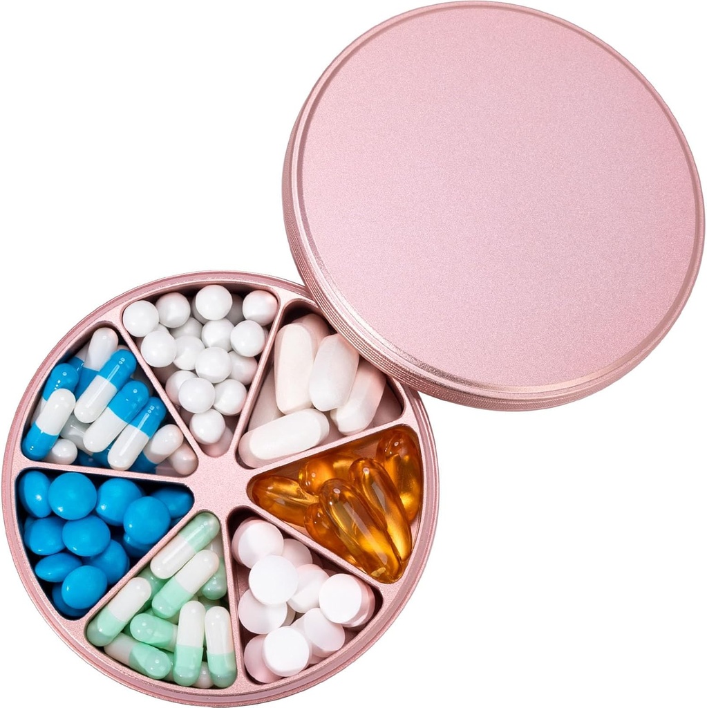 Metal Pill Organizer 7 Compartments Pillendispenser - Heavy Duty Pill Box Waterproof Pillen Container Large Daily Pill Case Medicine Holder for Medication Vitaminen Visolie Supplementen, 0,39lb (Roze)