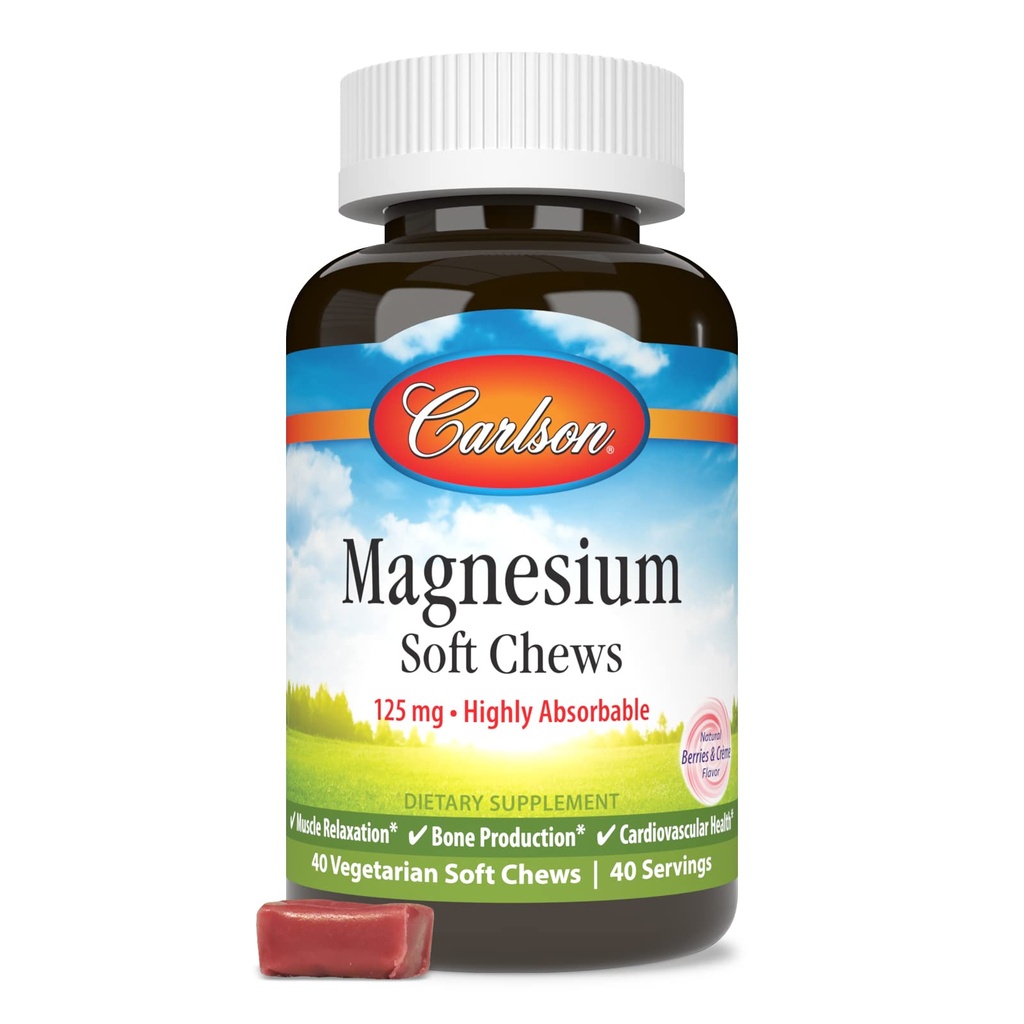 Carlson Magnesium Zachte Kauwen 125 mg Zeer absorbeerbare spierontspanning en algemene gezondheid - Bessen & Creme smaak - 40 Vegetarische Zachte Kauwen