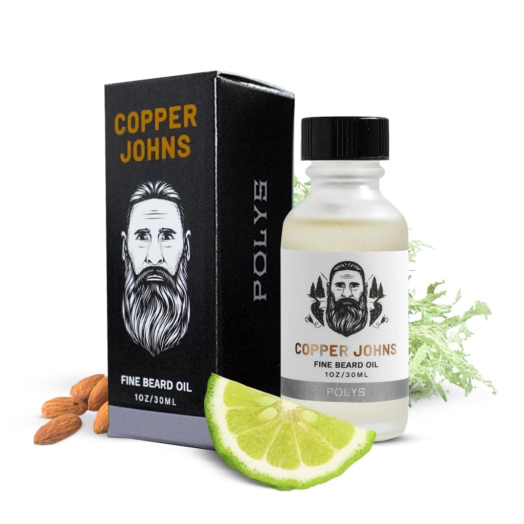 Copper Johns Premium Baard Olie voor mannen - Natuurlijke Formule met Jojoba & Castor Oil - Lichtgewicht Niet-Greasy Baard Moisturizer - Zachten, Hydraten & Tames Frizz - Polys-Bergamot & Cherry Amandel 1 oz
