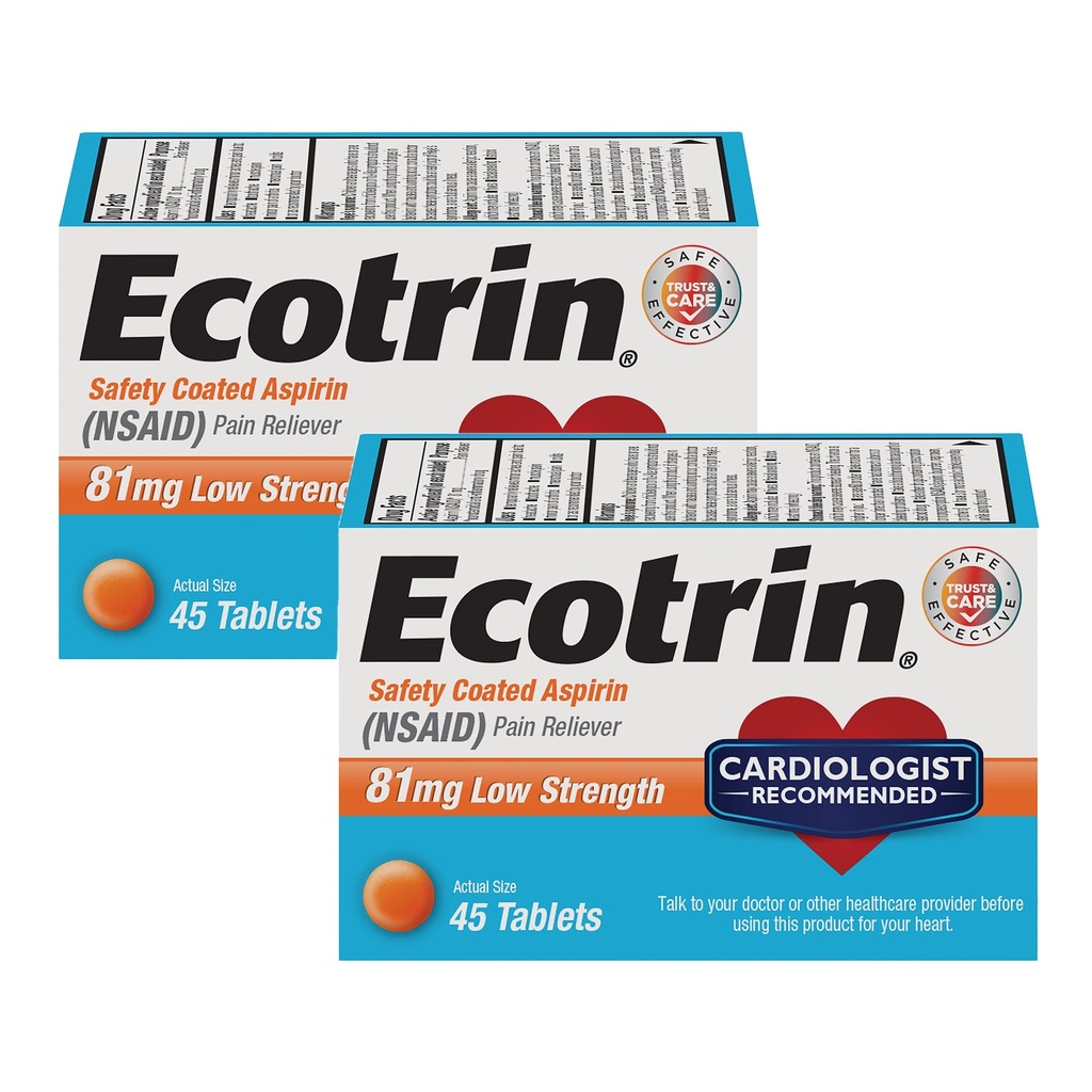 Ecotrin Low Strength Safety Coated Aspirine, NSAID 81mg, 45 telling (2 verpakkingen)