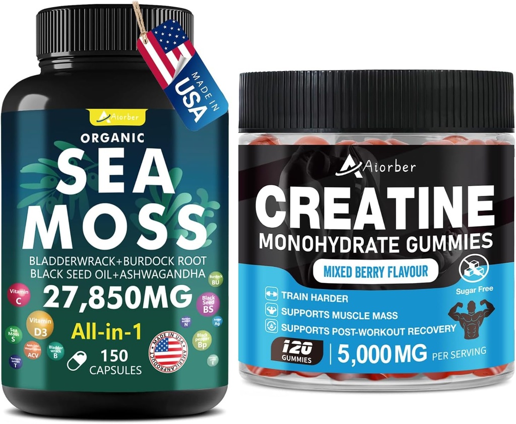 Sea Moss & Createine Monohydrate Gummies Bundle 270 Tellen Biologische Sea Moss Black Seed Oil Aşhwagandha Gember & Createine Monohydraat (2 Pack)