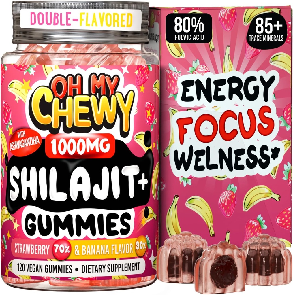 Pure Himalaya Shilajit Gummies - High Potency Gold Grade Resin - Energy Boost and Immune Support for Men and Women with Ashwagandha and Shatavari - 120 Gummy - Aardbei & Banana