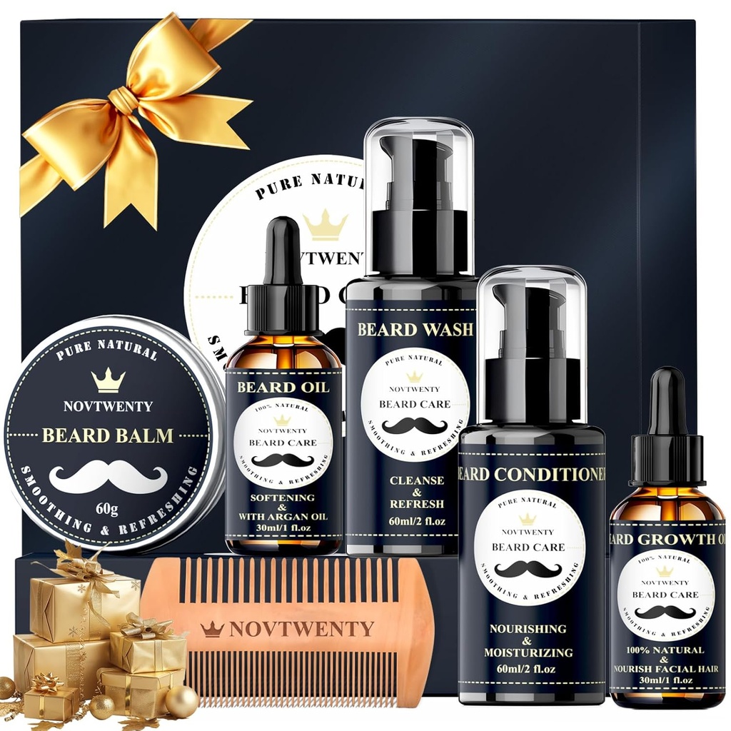 Baardgroei Kit - 7 Pc Kit, Inclusief Wash, Olie, Conditioner, Balsem, Comb, Cadeaubox voor mannen