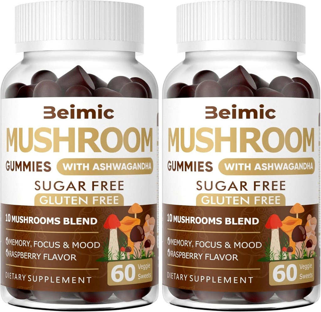 Paddestoel Gummies - 10x Paddestoel Supplement met Ashwagandha en Lions Mane (120 Kauwen) Nootrope hersenen supplement, Immune Support & Stress Relief (pakket van 2)
