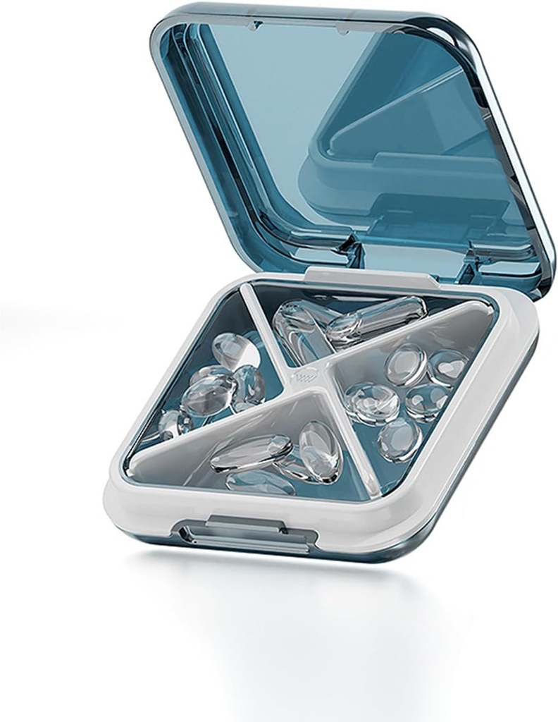 Kleine pil Box waterdichte reis pil geval draagbare dagelijkse pil container pil houder voor portemonnee 4 appartementen Pocket Compact Medicine Organisator voor visolie, aanvulling, medicatie (blauw)