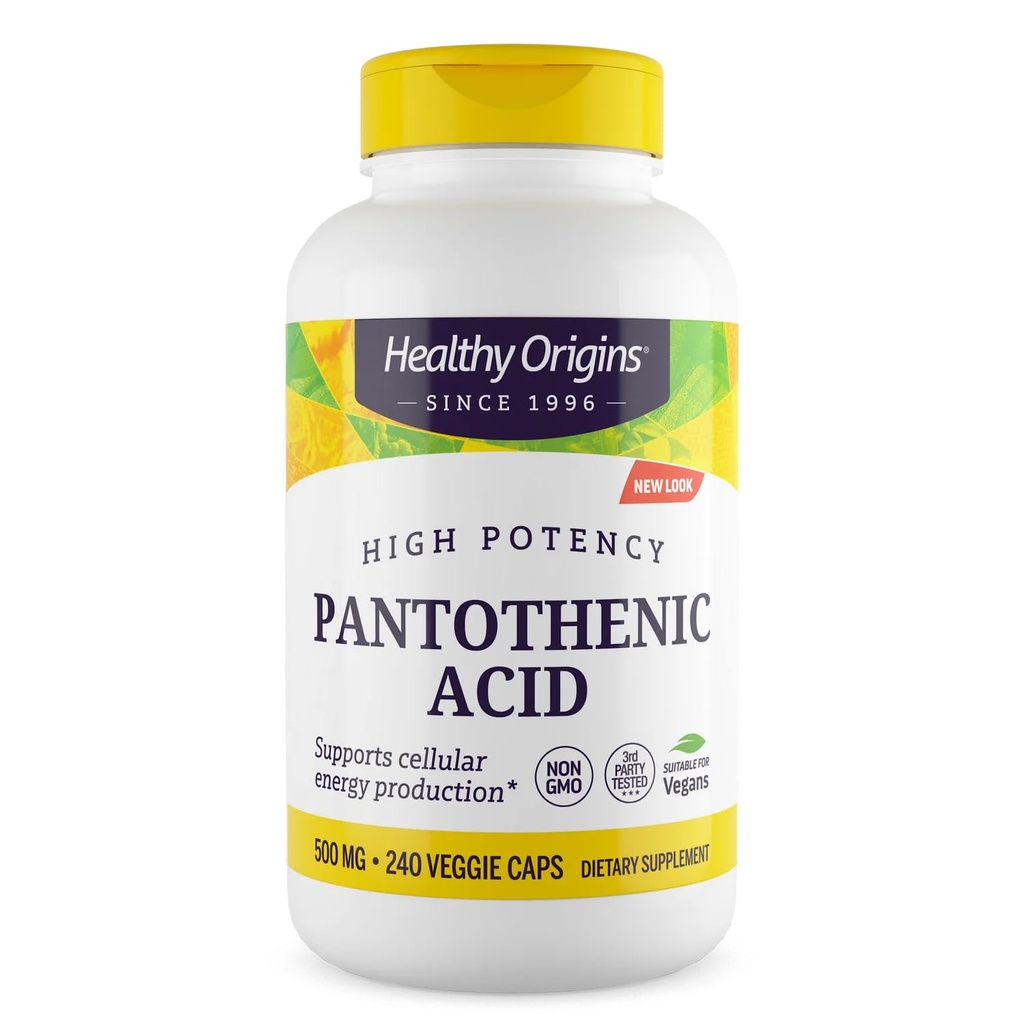 Gezonde oorsprong Premium Vitamine B5 Pantotheenzuur 500 mg Vegan Capsules, Hoge sterkte, Energie Boost en Metabolisme Ondersteuning, vermoeidheid & vermoeidheid, Acne Supplement voor huidverzorging, Wit, 240 Tel.