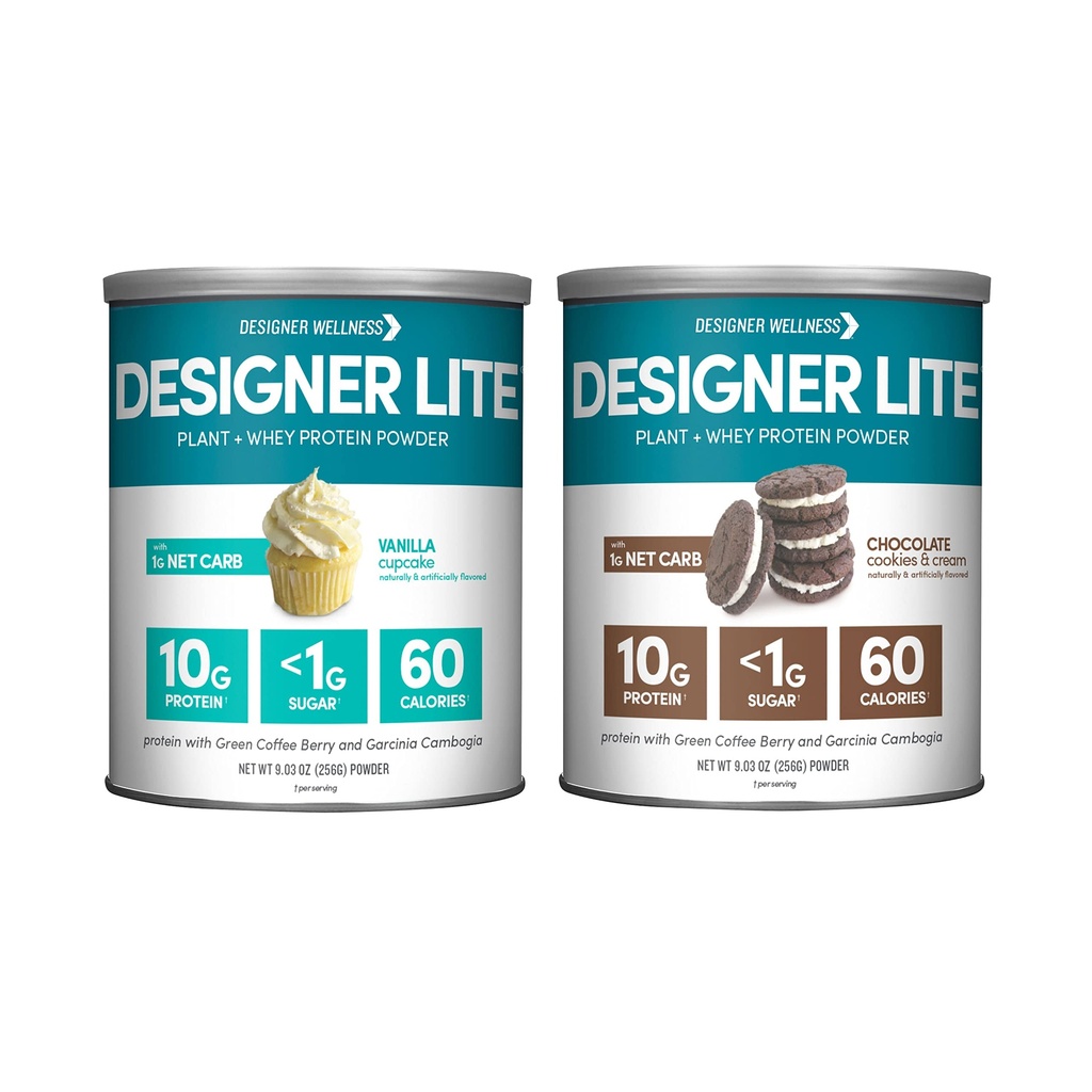 Designer Wellness, Designer Lite, Low Calorie Natural Protein, Prebiotic Fiber, belangrijke vitaminen & mineralen, Vanille Cupcake en Chocolate Cookies & Cream Bundle