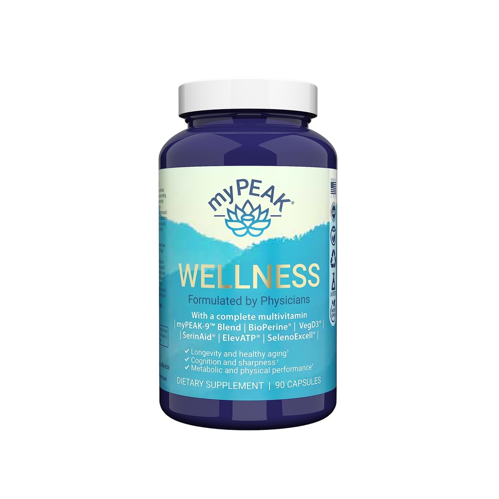 myPEAK Wellness Award-Winning Vegan Multivitamine met ElevATP Ancient Peat Extract, Natural Astaxanthine, Iron, Resveratrol en Alpha GPC, Immunity Booster, All-in-One voor mannen en vrouwen, 90 Tel.