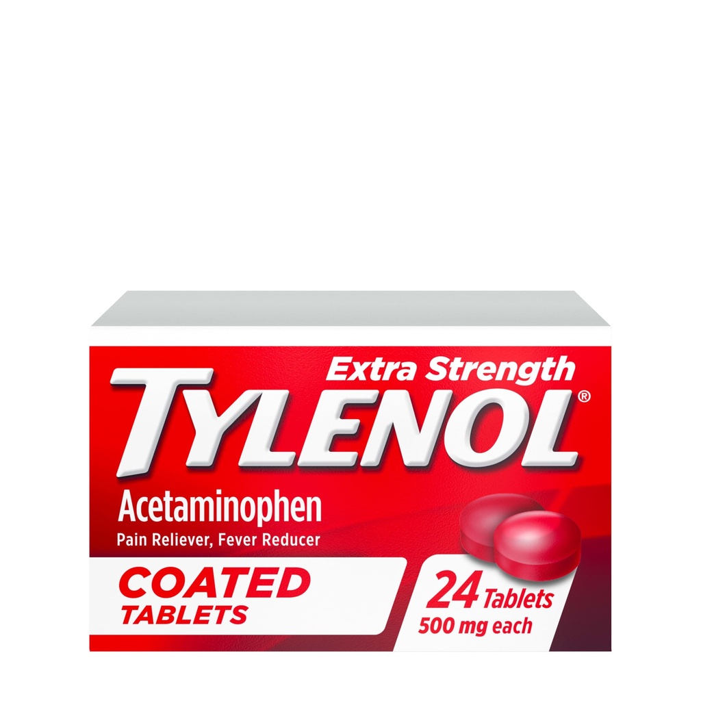 Tylenol Extra sterke pijn Reliver en koortsreducer, Ronde gecoate tabletten, 500 mg Acetaminofen pijnstillers voor hoofdpijn, tandpijn en lichte gewrichtspijn, 24 st.