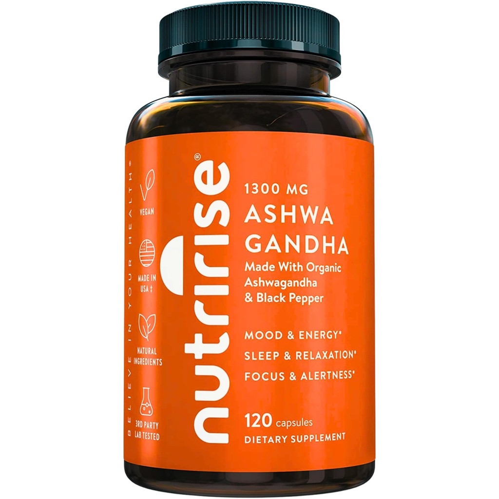 NutriRise Biologische Ashwagandha Root Capsules met zwarte peper, 1300mg, Natuurlijke Stress & Mood, Schildklier, en Immuun Ondersteuning Supplement, Helderheid, Focus & Energy, Glutenvrij, 120 Tellen
