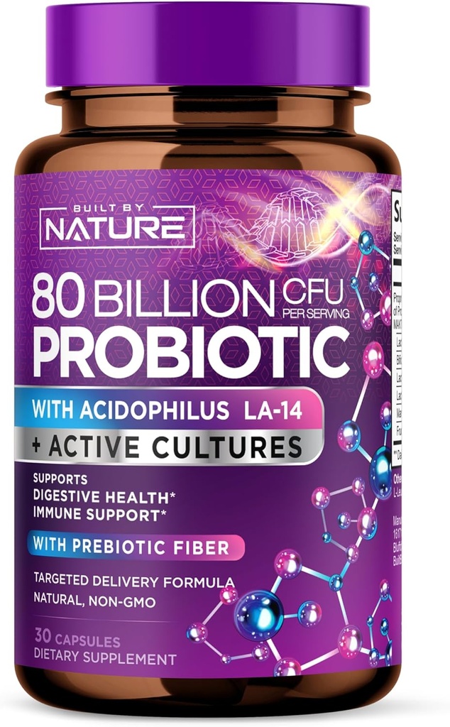 80 Miljard CFU Probiotic - Daily Digestief Gut Health Supplement for Men & Women - Lactobacillus acidophilus, Bifidobacterium & Prebiotics - Non-GMO, Gluten & Dairy Free, Shelf-Stable - 30 Capsules