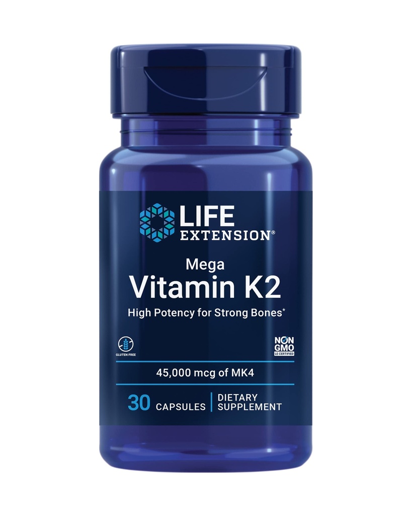 Levensverlenging Mega Vitamine K2 Hoge sterkte voor sterke botten, klinisch bestudeerd 45 mg K2 Dosering, bevordert gezonde botdichtheid, Glutenvrije, Non-GMO, 30 capsules