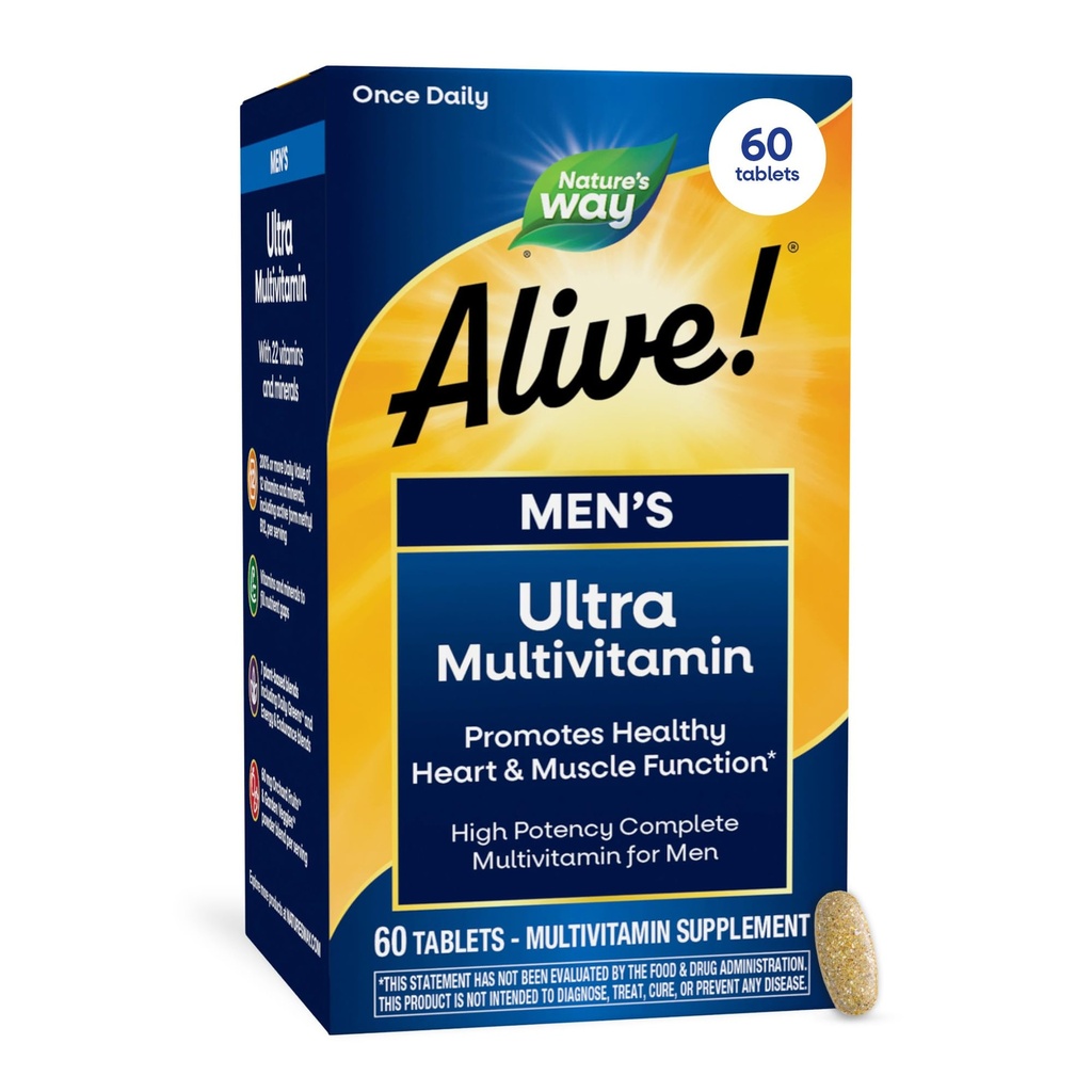 Nature's Way Alive! Mannen Dagelijkse Ultra Multivitamine, Hoge Potentie Formule, bevordert Hart & Spierfunctie*, met Gemethyleerde Vitamine B12, Glutenvrij, 60 tabletten