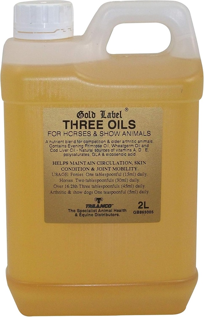 Drie oliën, Horse Supplement, Gold Label, Kabeljauw Lever Olie, Avond Primrose Olie, Tarwegerm Olie, 2 Liter