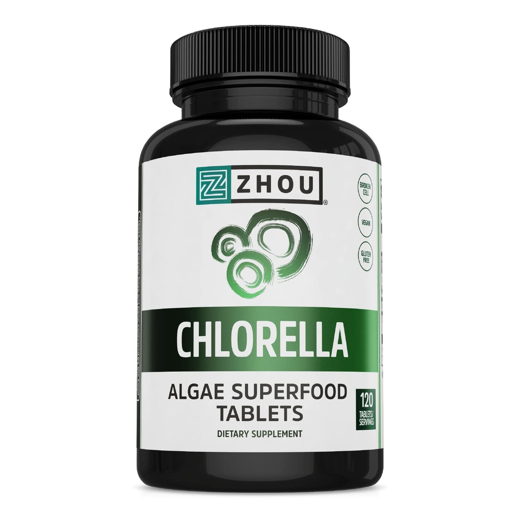 Zhou Chlorella Tablets - Chlorella Supplement, Chlorophyll Vitamins, Pure Green Algae Superfood, Nutrient Rich Super Food Pills, Broken Cell Wall - 120 Vegan Tablets
