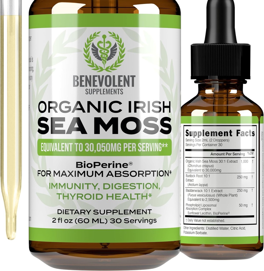 Weldadige voeding Biologische Ierse Zee Mos Drops 2oz - Burdock Root, Bladderwrack & BioPerine [Ultra Strength] 30.000mg Zee Mos Liquid Drops voor Immune Support, Thyroid, Gut, Skin & Joint Health