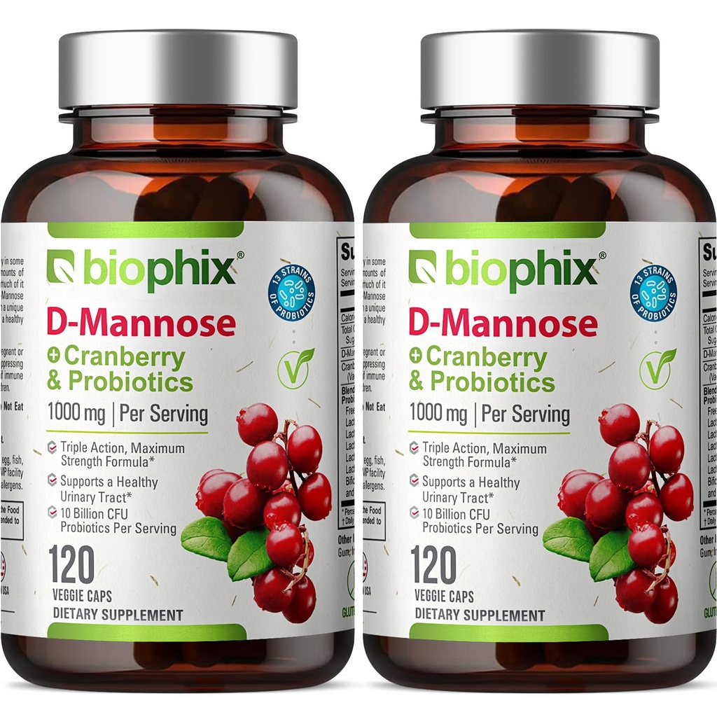 biophix D-Mannose 1000mg Capsules met Cranberry & Probiotica - D Mannose Supplementen voor vrouwen - D-Mannose Pillen voor Urine Tract & Bladder Health Support - Digestief Well-Being - 120 Vcaps 2 Pack