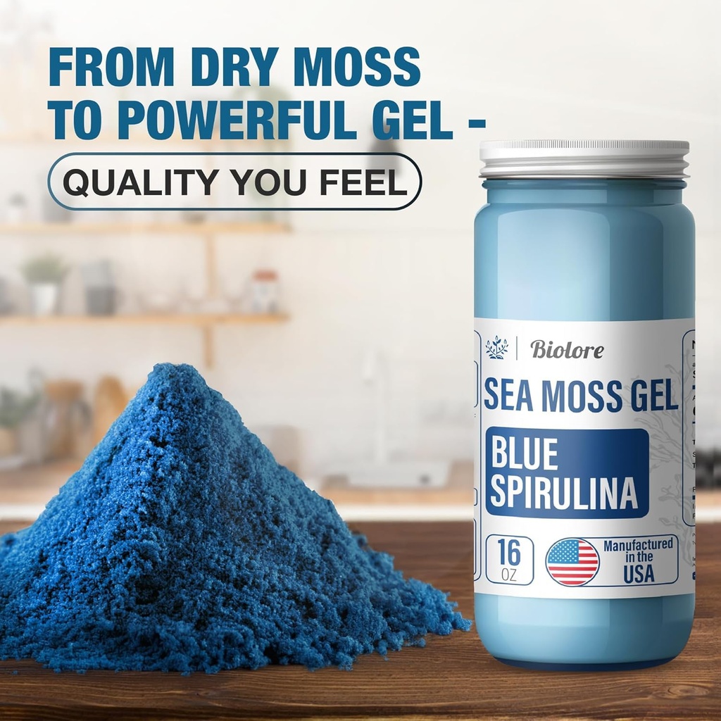 Biolore Sea Moss Gel - Blue Spirulina 16oz, Wildcrafted Irish Seamoss with Essential Vitamins & Trace Minerals, Vegan Superfood Made in USA