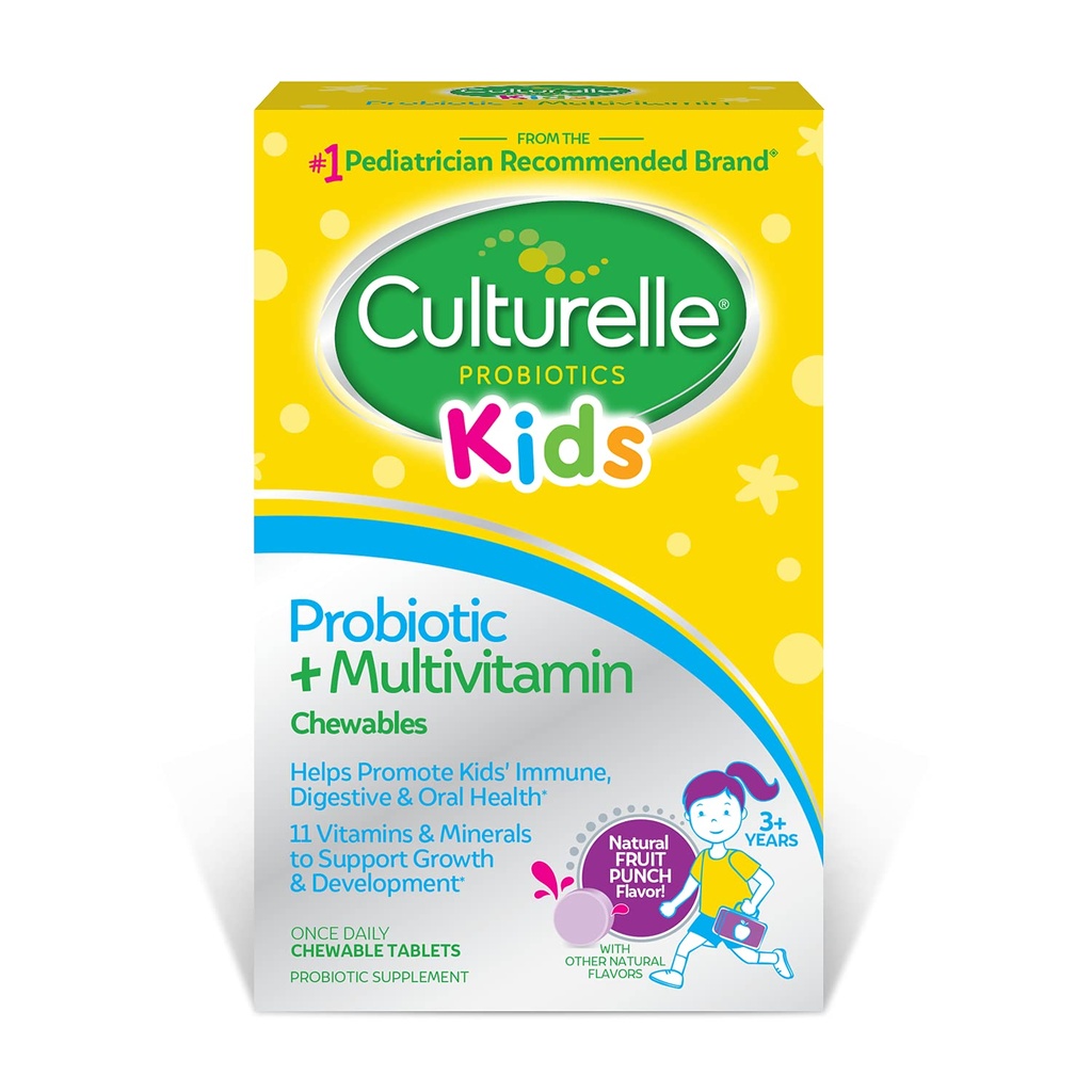 Culturelle Kids Probiotic + Complete Multivitamine Kauwbaar voor kinderen, leeftijden 3+, 30 Tellen, Digestieve Gezondheid, Orale Gezondheid & Immuun Ondersteuning - Met 11 Vitaminen & Mineraal, inclusief Vitamine C, D3 & Zink