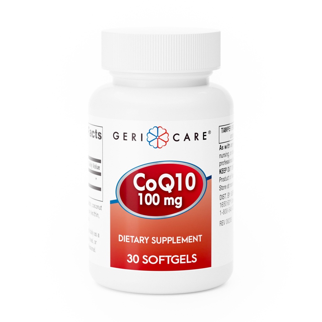 GeriCare CoQ10 100mg Softgels - High Absorptie Co Q 10 Supplement - Eenvoudig doorslikken Q10 Co-enzym voor mannen, vrouwen en ouderen - 1 maand levering, 30 Tel - Reizen Vriendelijk