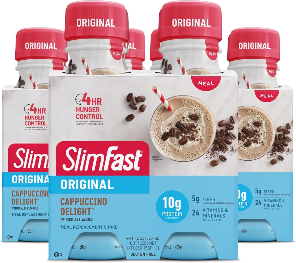 SlimFast Maaltijd vervanging Shake, Originele Cappuccino Delight, 10g klaar om eiwit te drinken voor gewichtsverlies, 11 Fl. Oz fles, 4 Tellen (verpakking van 3) (verpakking mei Vary)