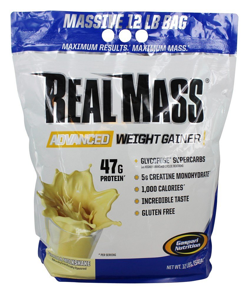 Gaspari Nutrition Real Mass: Advanced Weight Gainer, Protein and Complex Carb Blend, 50g Protein, 16g EAAs, Glutenvrije, 12 lbs (Vanilla Milkshake)