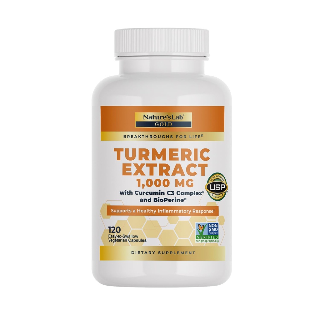 Nature's Lab Kurkuma C3 Complex 1000mg - Kurkuma Extract 1000mg & BioPerine 5mg Gestandaardiseerd tot 95%, bevordert Cardiovasculaire, Immuun, Gezamenlijke, Huidgezondheid - 120 Capsules (60 dagen Levering)