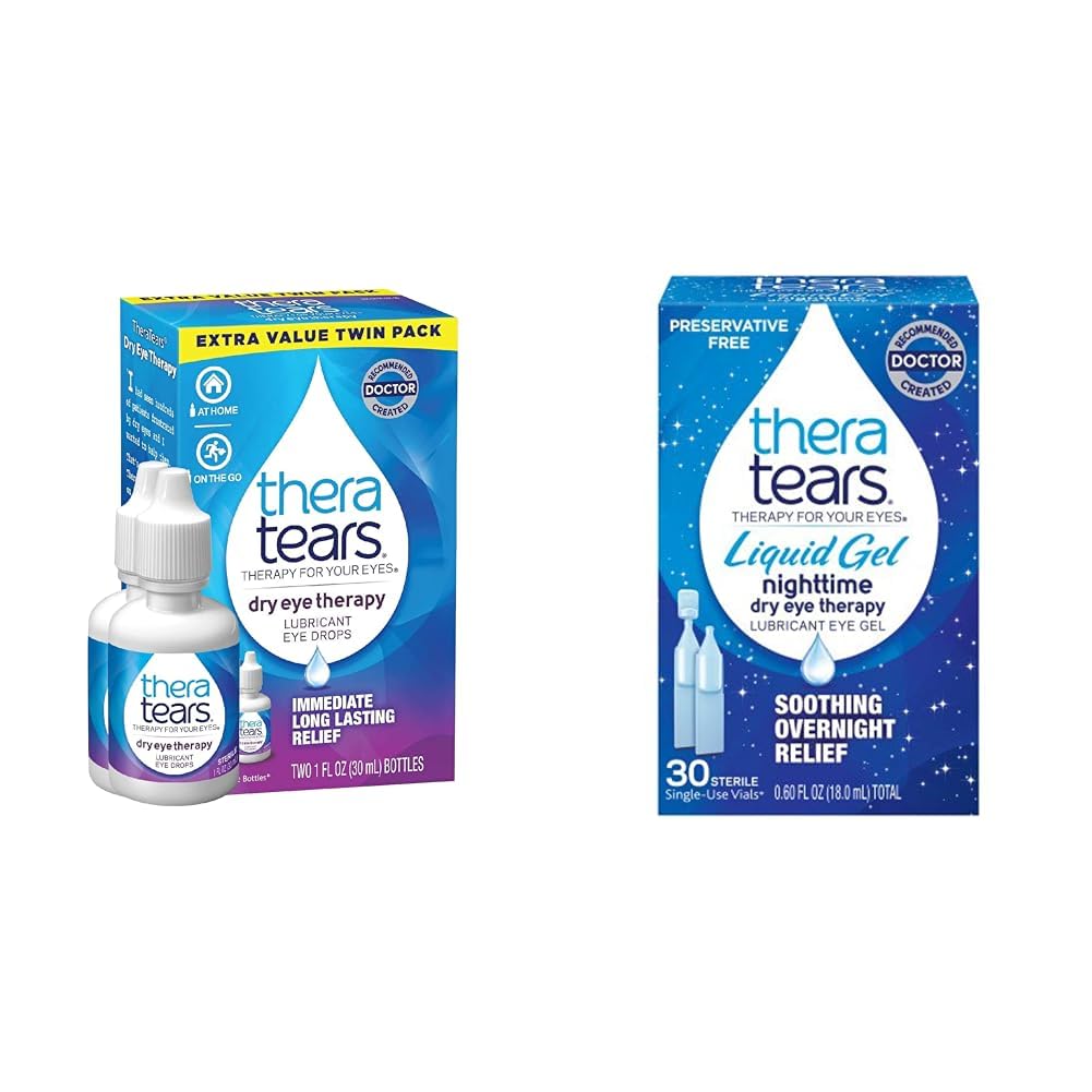 TheraTears Dry Eye Therapy Smeer Eye Drops for Dry Eyes, 1 fl oz Bottle Twin Pack, (2 x 30 ml flessen) & Liquid Gel Nighttime Smeer Eye Drops for Dry Eyes, Single-Use Flacons, 30 Tel.