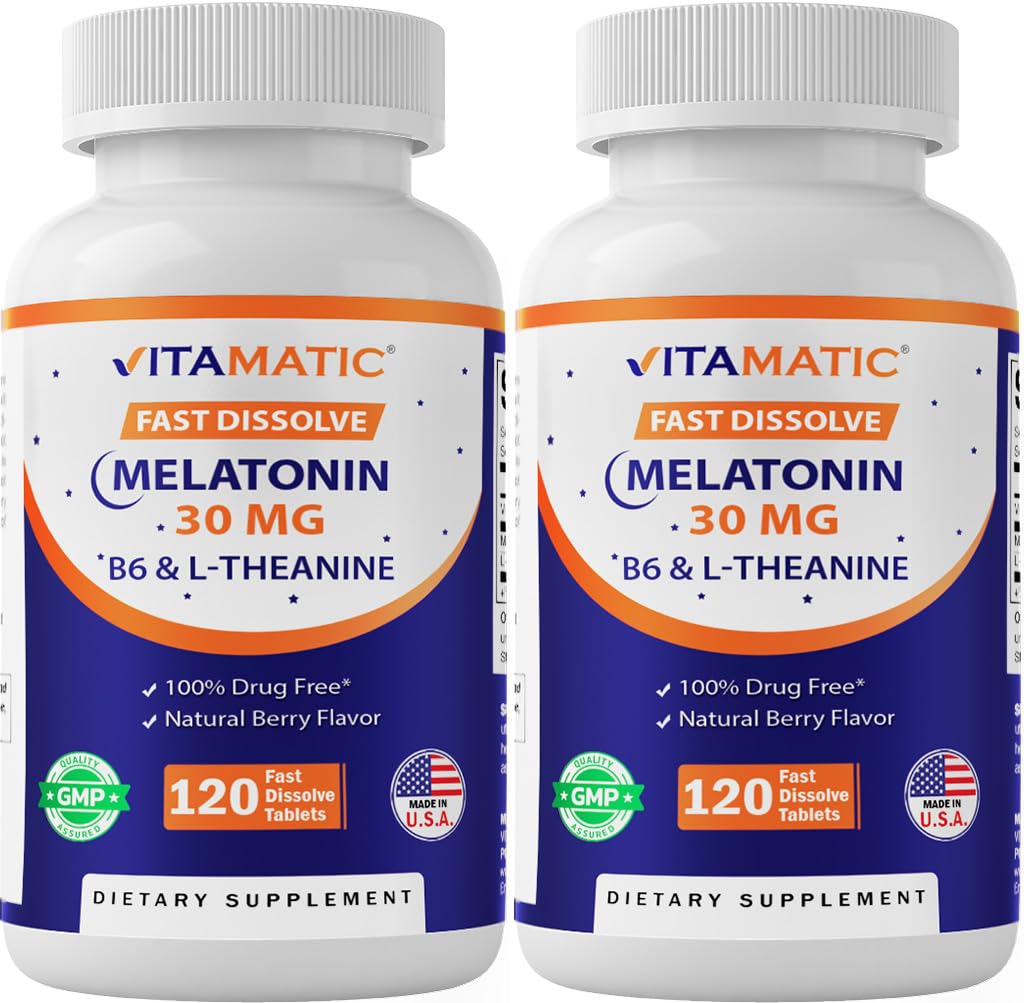 Vitamatic Melatonine 30 mg - met B6 & L-Theanine - 120 Fast Solution Tablets with Natural Berry Flavor (2 Tablets Dose = Melatonine 60 mg) (120 Count (Pack of 2))