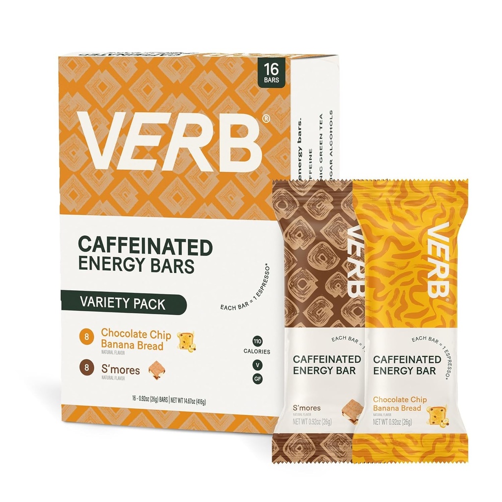 Verb Caffeinated Energy Bars Variety Pack - 2 Delicious Flavors (26g, Pack of 16) 110-Calorie Delicious Low Sugar Energy Bar, Vegan & Gluten Free On-the Go Snack with 80mg Green Tea Caffeine