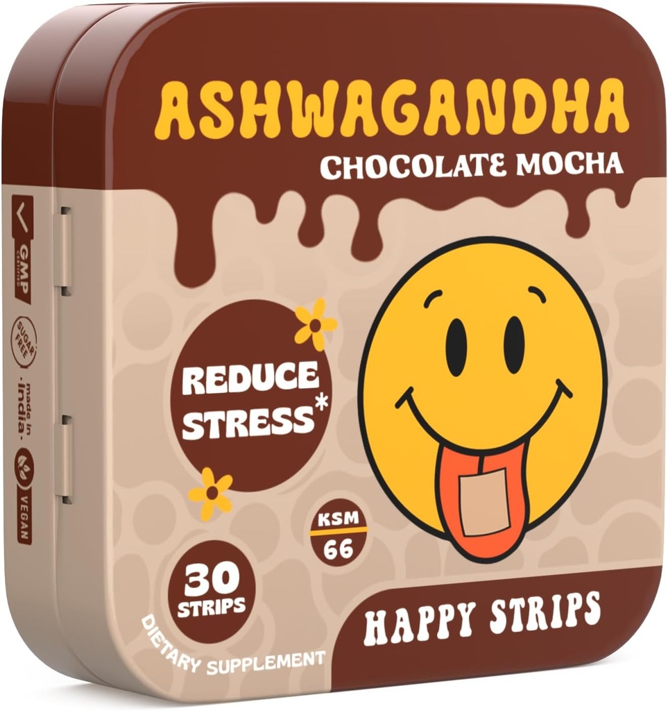 Happy Strips Organic Ashwagandha KSM 66 & GABA for Stress Relief, Calmness, Slaap - Fast-Acting & Rapid-Oplossen, Chocolate Mocha Flavored, Organic, Vegan, Sugar-Free - 30 Tel.