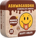 Happy Strips Organic Ashwagandha KSM 66 & GABA for Stress Relief, Calmness, Slaap - Fast-Acting & Rapid-Oplossen, Chocolate Mocha Flavored, Organic, Vegan, Sugar-Free - 30 Tel.