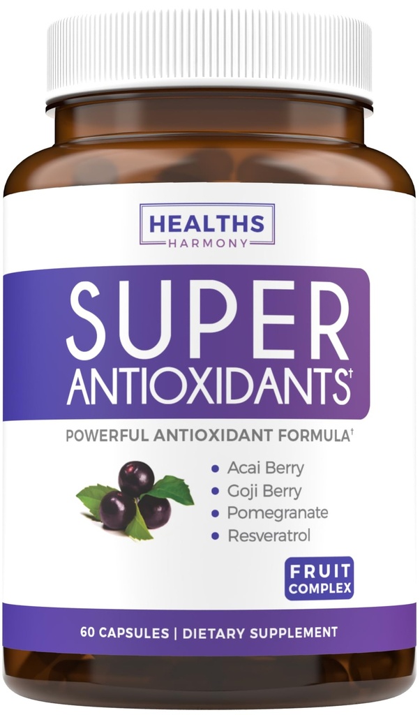 Super antioxidanten Supplement voor vrouwen en mannen - Hoge potentie Kruiden en fruit Blend met Acai, Goji, Granaatappel, Vlierbes & Resveratrol voor huidverzorging en Immuunondersteuning - Vegan & Non-GMO - 60 capsules