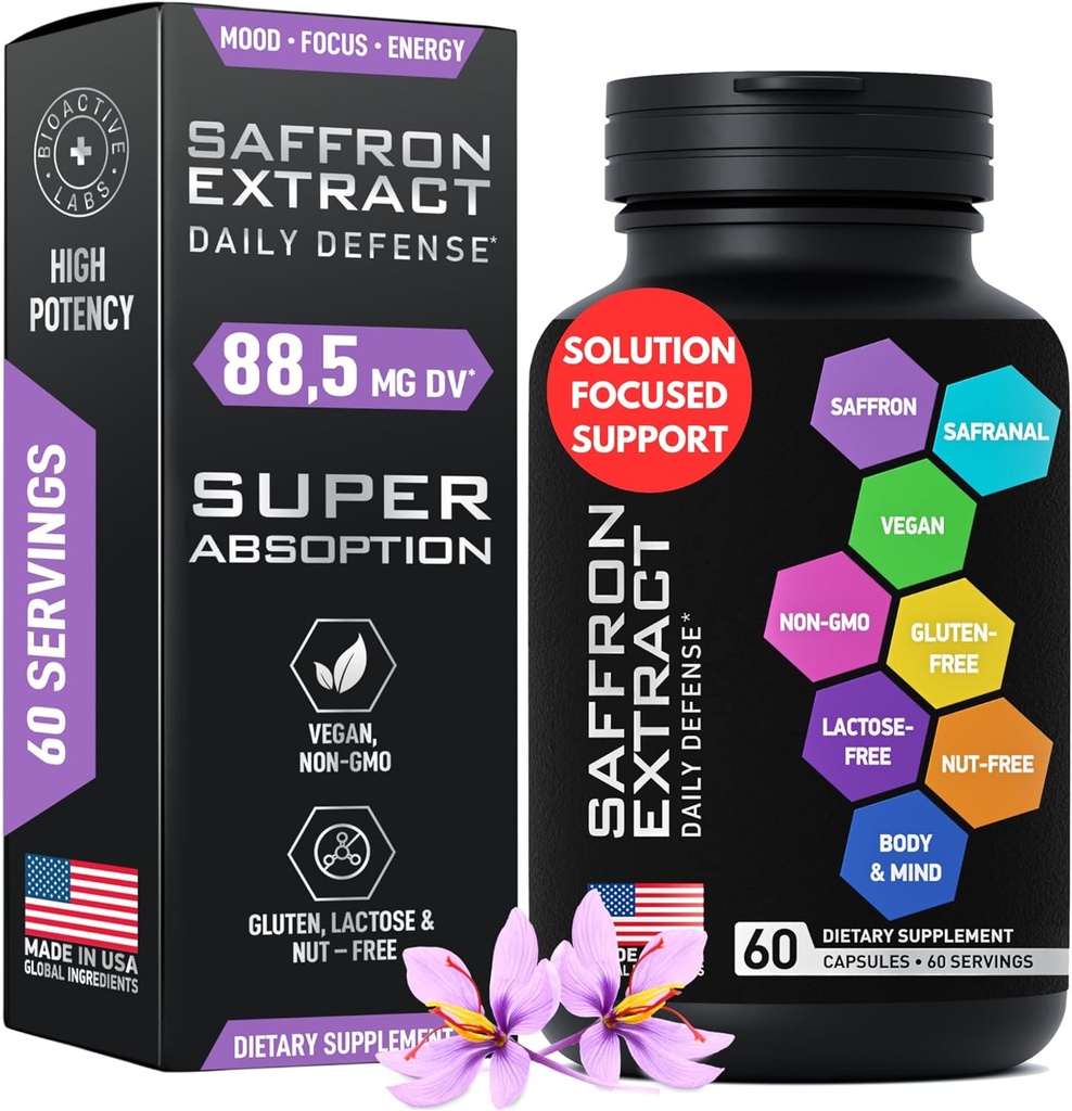 Geoptimaliseerde Saffron supplementen - 88.5mg Pure Saffron Extract voor goede ondersteuning, focus, energie - Plus Crocin, Crocine, Kaempferol - Glutenvrij, Non-GMO - 1-a-dag 60 Capsules
