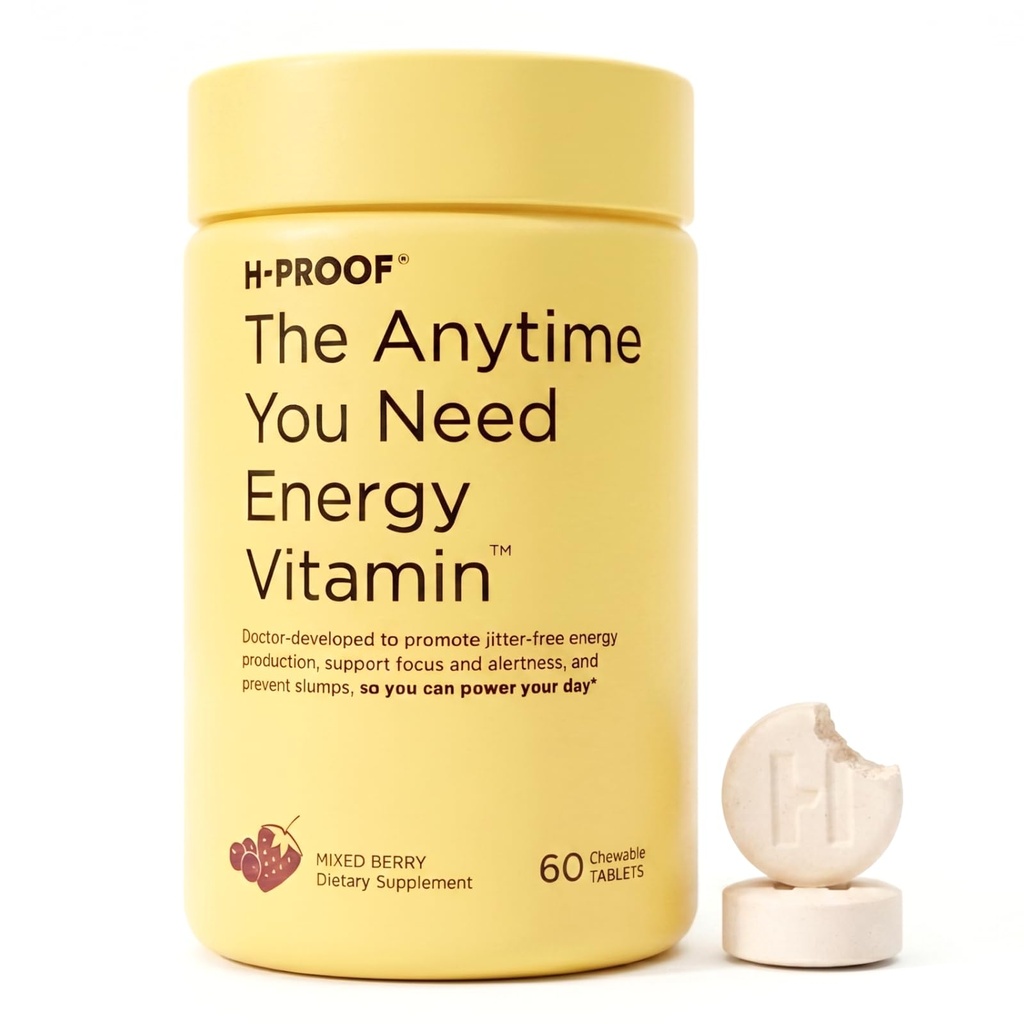 H-PROOF de elke keer dat je energie vitamine nodig hebt voor duurzame energie, focus & alertheid met Jitter-Free Cafeïne, 60 Kauwbare energiesupplementen (30 porties), gemengde Berry