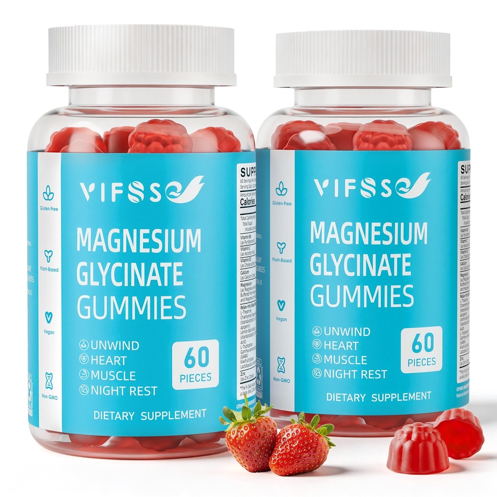 VIFSSG Sugar Free Magnesium Glycinate Gummies 400mg for Adults & 200mg for Kids, Bisglycinate Supplement with L-Theanine, Chamomile, Lemon Balm, Strawberry Flavor, 2-Pack（120 Gummies）