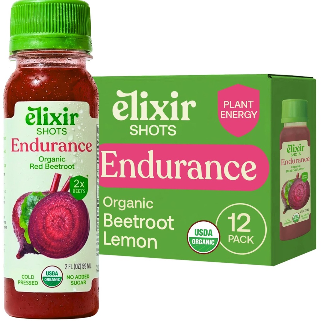 Elixir Shots, Endurance & Wellness Shot met Cold-Pressed 100% biologische ingrediënten, bieten, wortel, selderij, citroen, Geen toegevoegde suiker of kunstmatige ingrediënten, 12 Pack
