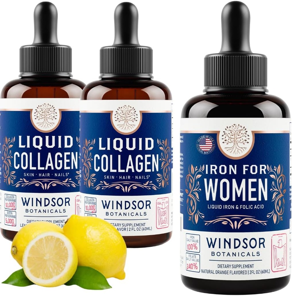 WINDSOR BOTANICA Liquid Collageen 2-pack en vloeibaar ijzer voor vrouwen schoonheid en wellness bundel