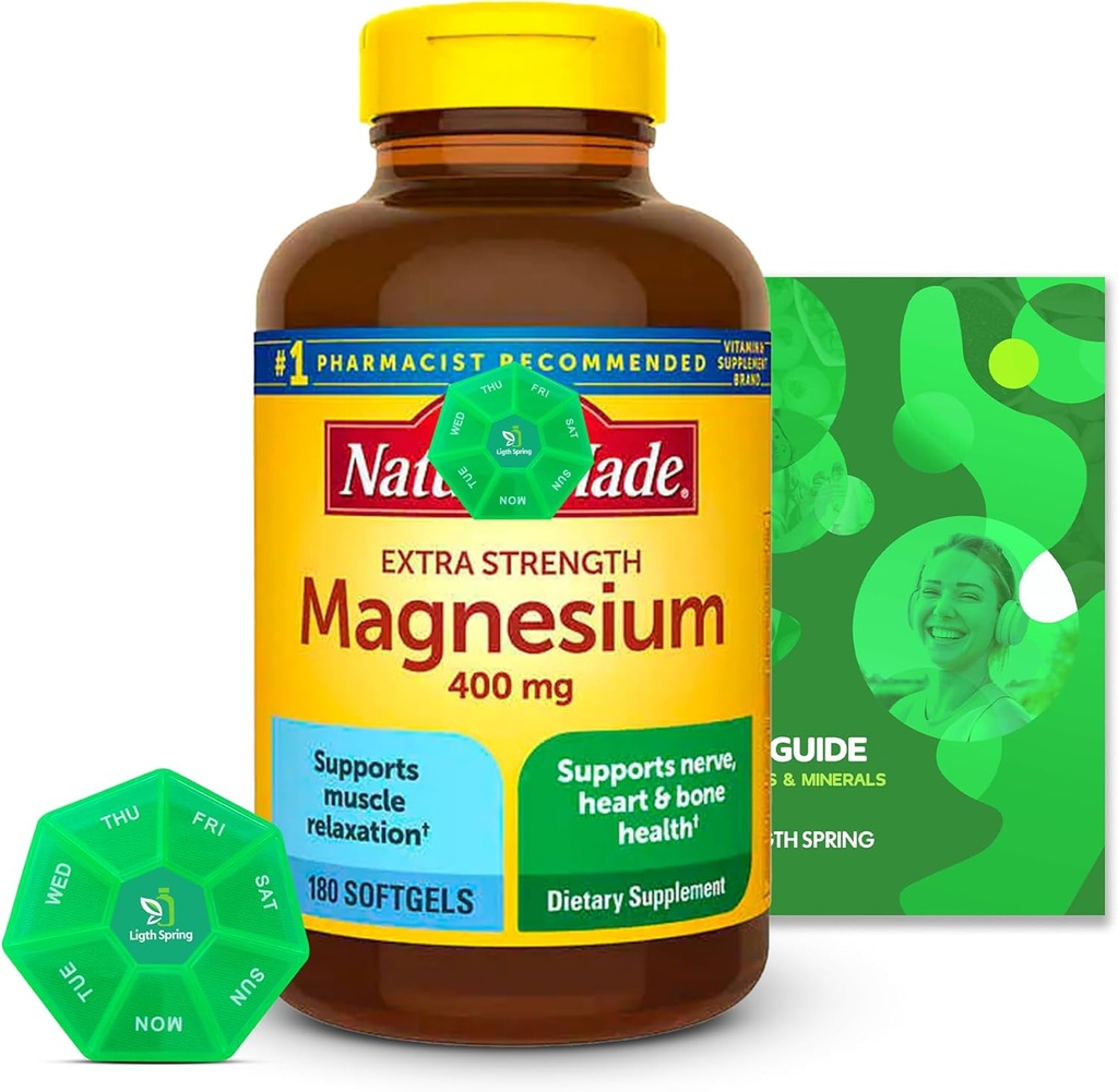 Magnesium 400mg 180 Tel met Bundle Exclusieve Vitaminen & Mineralen - A tot Z - Better Ligth&Spring Guide + Weekly Pill Organizer (3 Items)