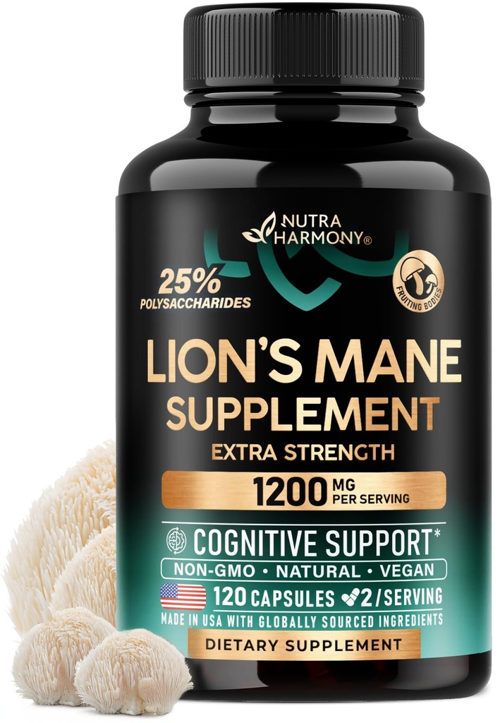 Lions Mane Supplement Capsules - Organic Lions Mane - Made in USA - Fruiting Bodies Extract - 1200 mg, 25% Polysaccharides - Memory & Focus Support - As Lions Powder - 120 Capsules, 2 Month Supply