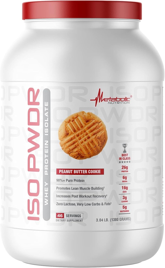Metabolische Voeding Wei Proteïne Isolaat ISO PWDR Peanut Butter Cookie, 3.04lb, 23 Servers, 26g Proteïne, Fast Digesting, Zero Carbs, Delicious Flavor, Very Low Carbs & Fat, Zero Lactose
