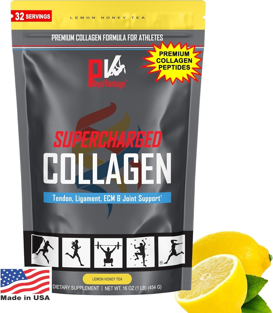 PhysiVantage Supercharged Collagen Peptides Powder - Hydrolyzed Collagen for Joint, Tendon, Ligament, & Skin Health - Lemon Honey Tea, Keto, Paleo, 16oz | Enhanced with Vitamin C, BCAAs, Grass-Fed