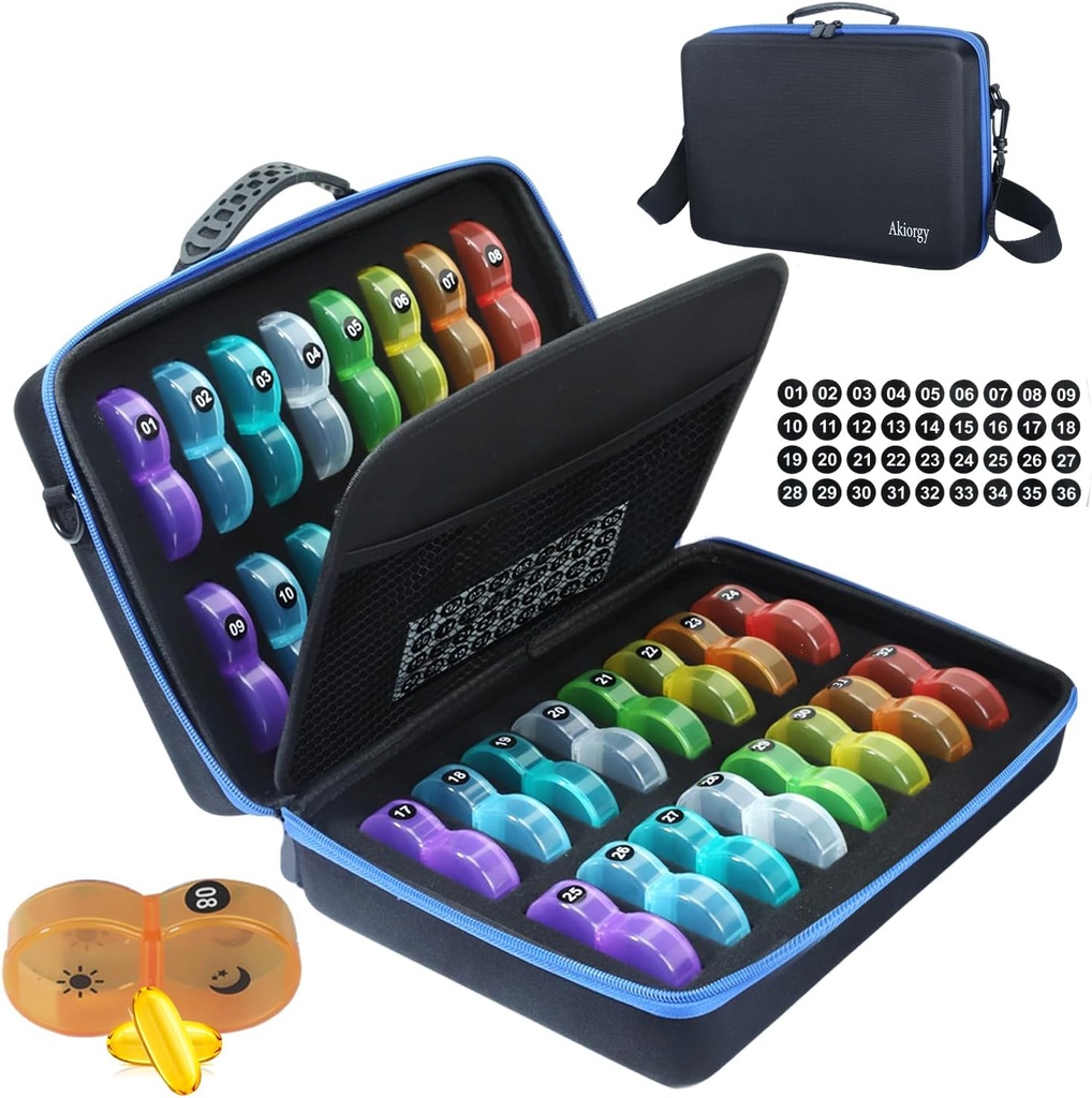 Monthly Pill Organizer Box 2 Times a Day, Monthly Pill Box AM PM with 32 Daily Pocket Case, Traval Pill Box with Portable Hard Case, Extra Large Medicine Box Holds Vitamin, Cod Liver Oil & Supplement